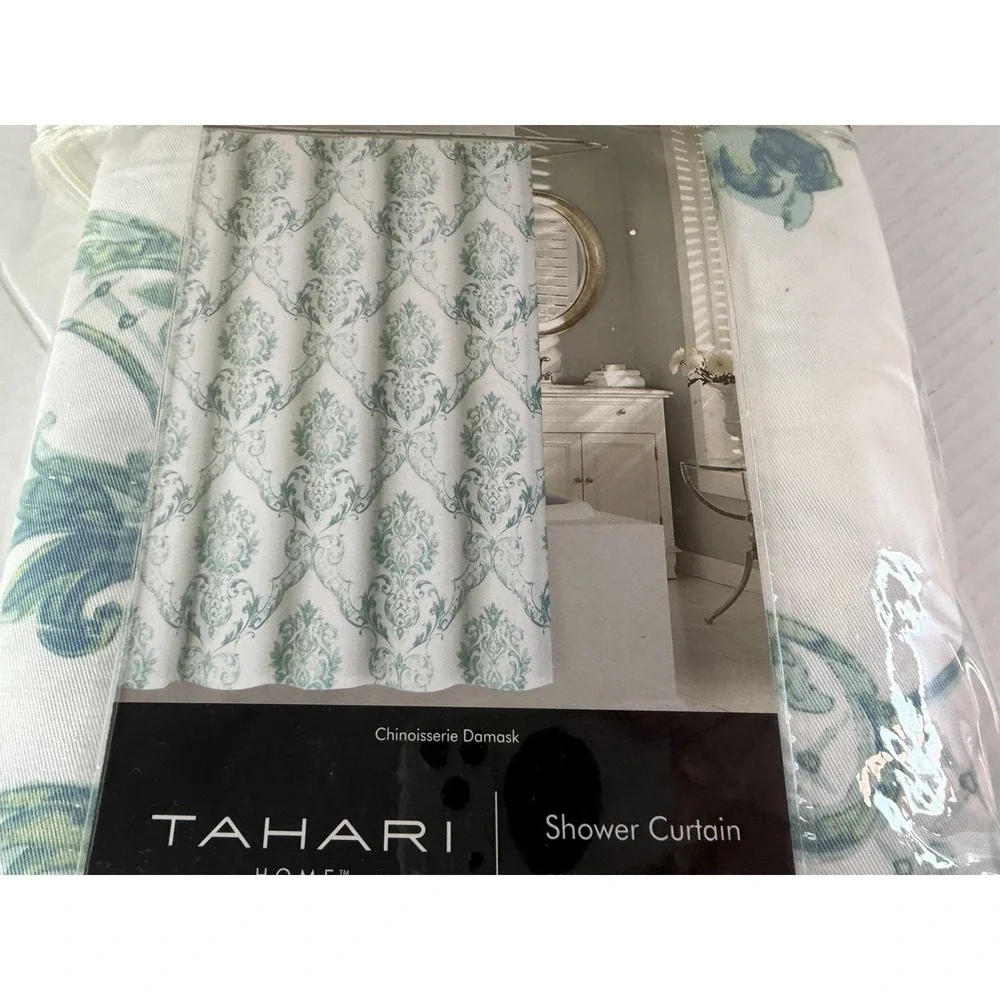 Tahari Home Green Blue Chinoiserie Damask Fabric Shower Curtain Paisley NWT